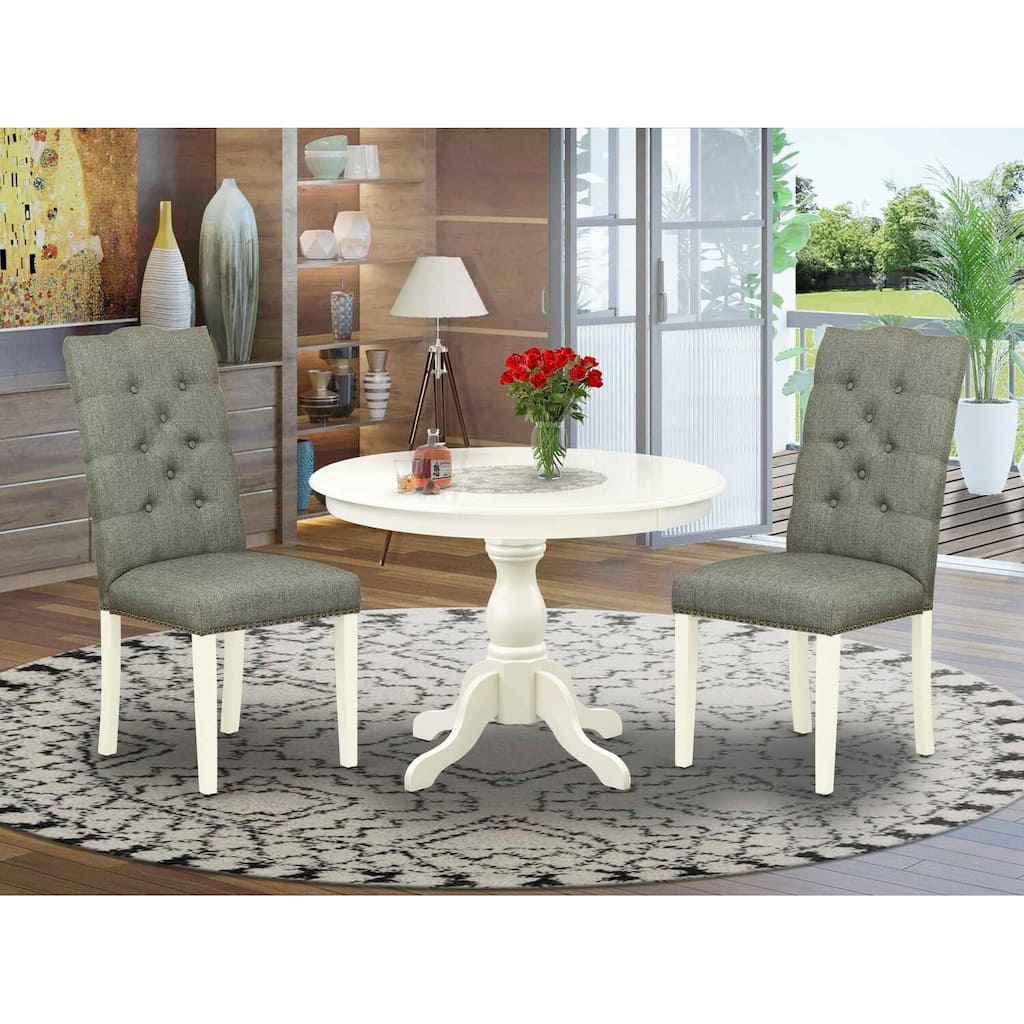 3-Piece Linen White Finish Solid Wood Top - Button Tufted Dining Room Set - Seats 4