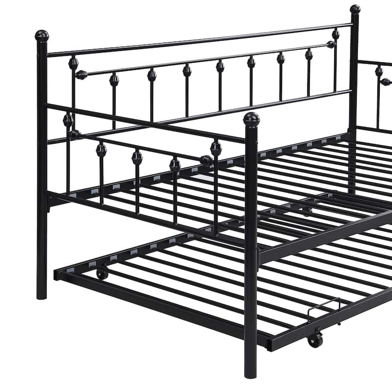 Black Twin Size Metal Daybed with trundle and Back for Kids, Boys, Girls and Bedroom