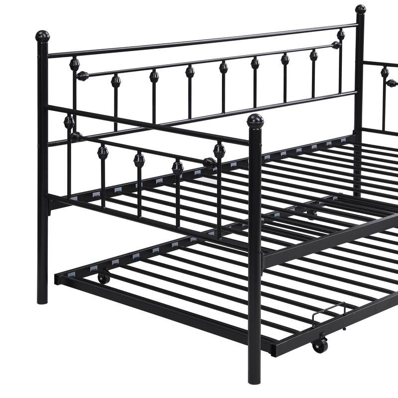 Modern Black Daybed with Trundle - Space Saving Steel Frame, No Box Spring Needed, 350 LBS Capacity