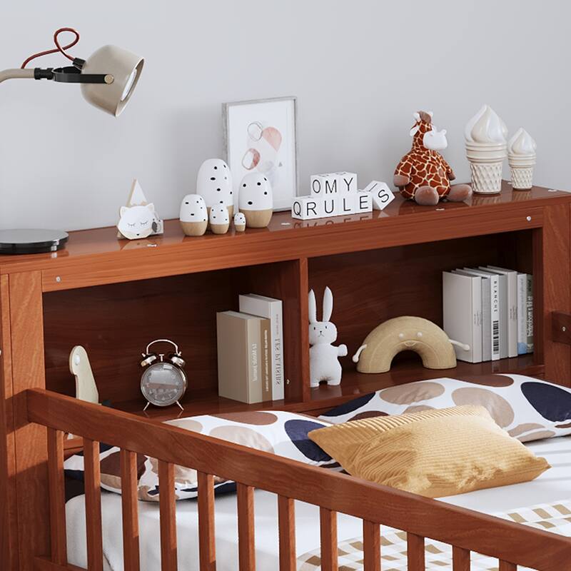 Twin Size Bed with Headboard Storage, Under-Bed Drawers & Safety Guardrails,Walnut
