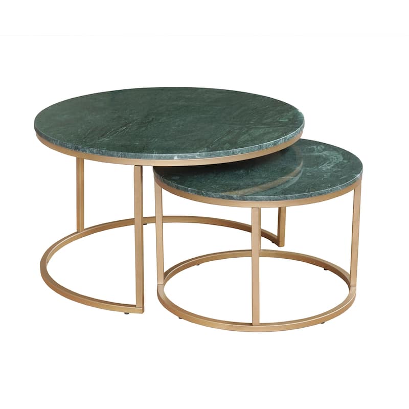 HomeRoots Set Of Two Green and Gold Genuine Marble and Iron Round Frame Nested Coffee Tables