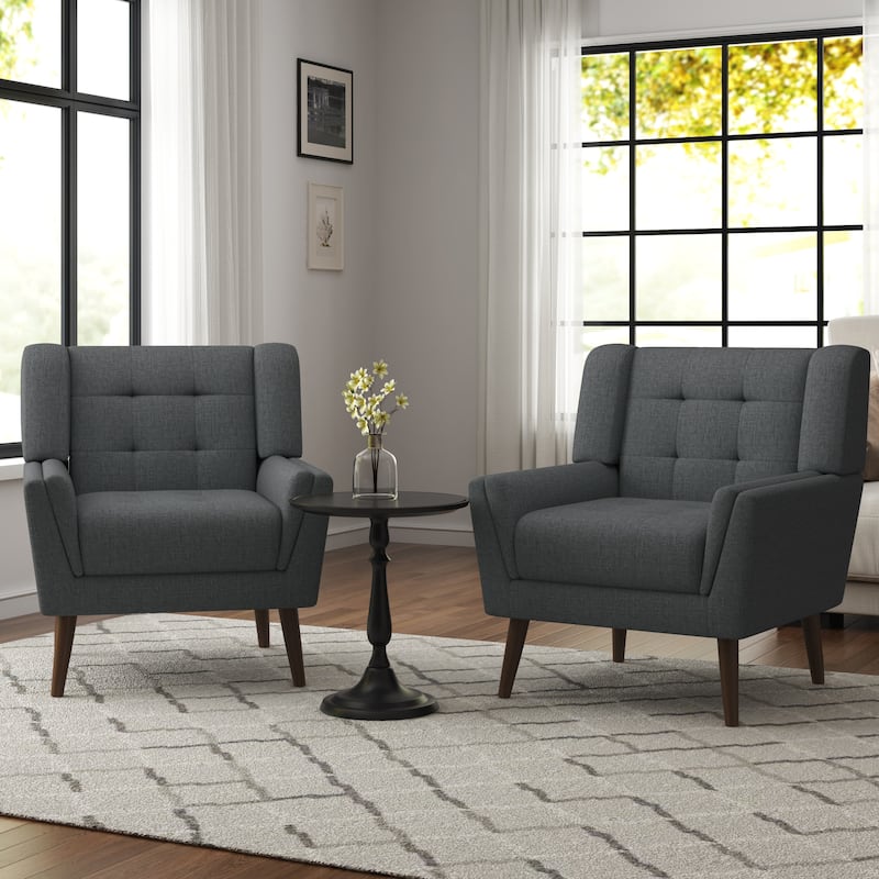 2 Set Mid Century Modern Linen Accent Armchair with Wooden Legs - Dark Gray