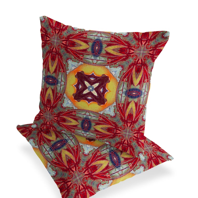HomeRoots Set of Two 16" X 16" Green and Red Blown Seam Floral Indoor Outdoor Throw Pillow - 16.00' X '16.00' X '5.00