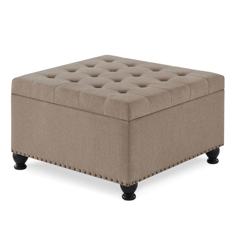 30"L Square Storage Ottoman Bench, Upholstered Tufted Button Storage Bench With Nails Trim - Linen