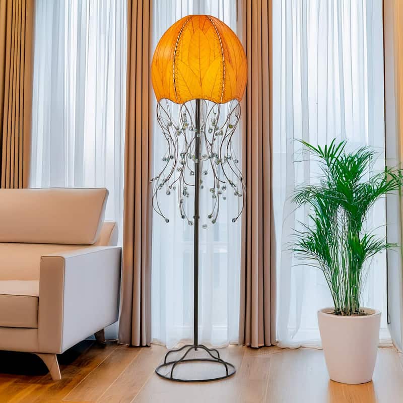 Handmade Jellyfish Large Floor Lamp, Cocoa Leaves Shade, 15 x 15 x 64 in.