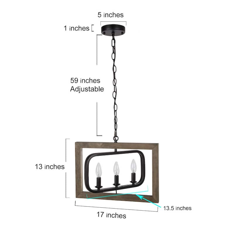 Farmhouse 3-Light Wood Kitchen Island Pendant Lights Adjustable Frame - L17"xW13.5"xH14.5"