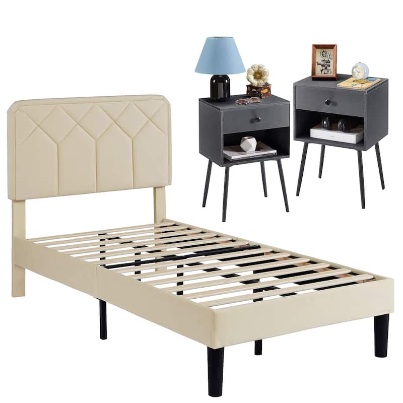 VECELO 3-Pieces Upholstered Platform Bed Frame with Adjustable Headboard and Nightstands Set of 2, Beige
