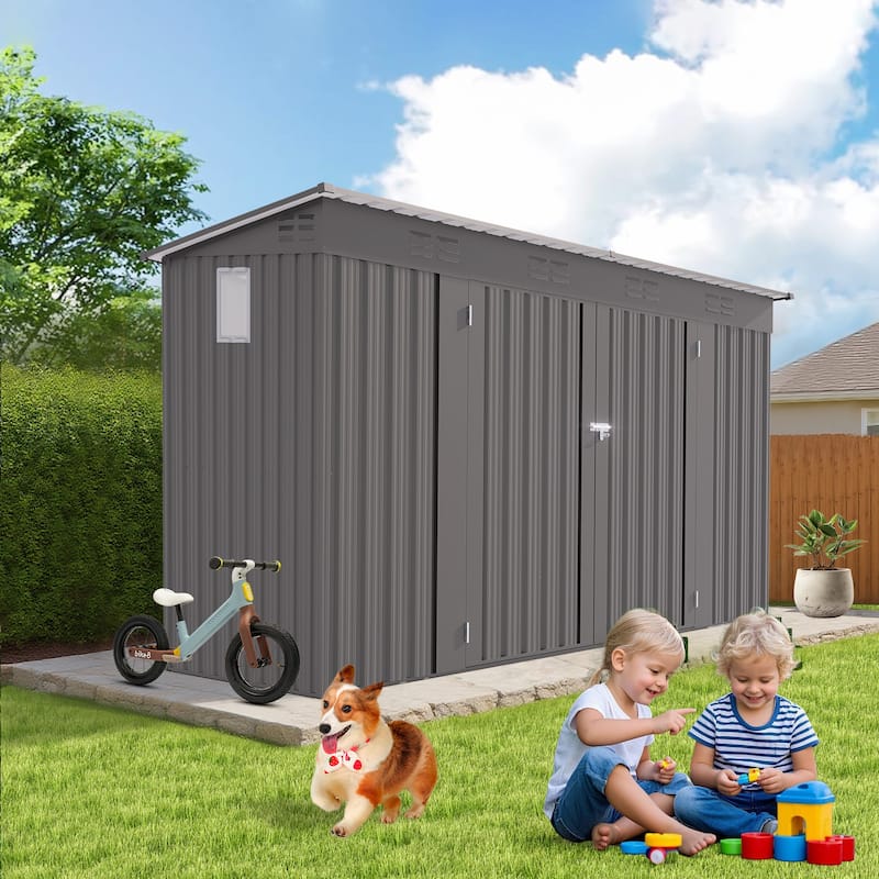 4 x 9 FT Outdoor Storage Shed, Metal Garden Shed Tool House with Sloping Roof,6 vents and 2 Swing Doors for Backyard