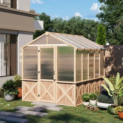 8.5H FT Outdoor Spruce Wooden Greenhouse Kit with Polycarbonate Panels and UV Protection, Backyard Guest House Tiny Home