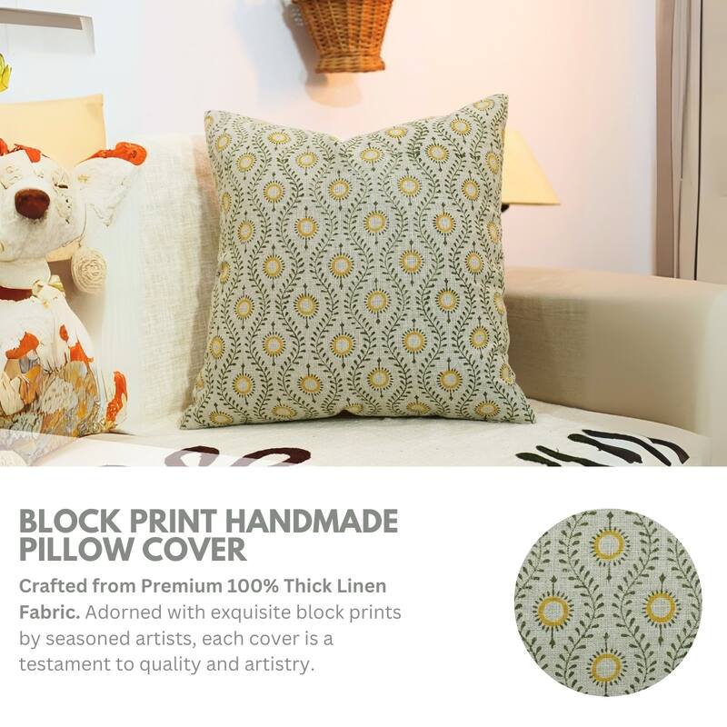 Fabdivine Block Print Accent Pillowcase Heavy Linen for Bed or Couch Floral Home Fall or Farmhouse Décor Boho Yellow, Lehar