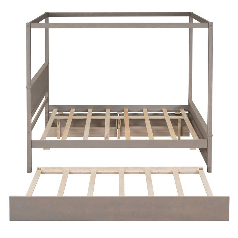 Pine Wood Canopy Platform Bed with Trundle & Drawers