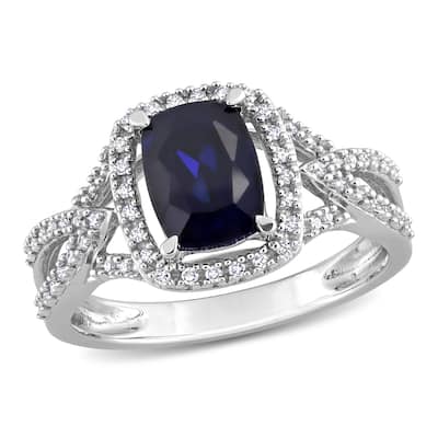 Miadora 2 1/5ct TGW Cushion-cut Created Blue Sapphire and 1/6ct TDW Diamond Crossover Ring in 10k White Gold