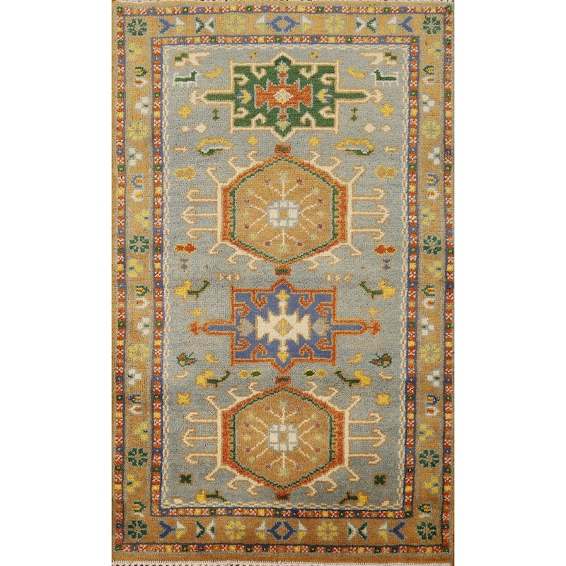 Hand Knotted Oriental 100% Wool Carpet Transitional Geometric Greys & Charcoal Khotan Area Rug - 4' 11'' X 3' 0''