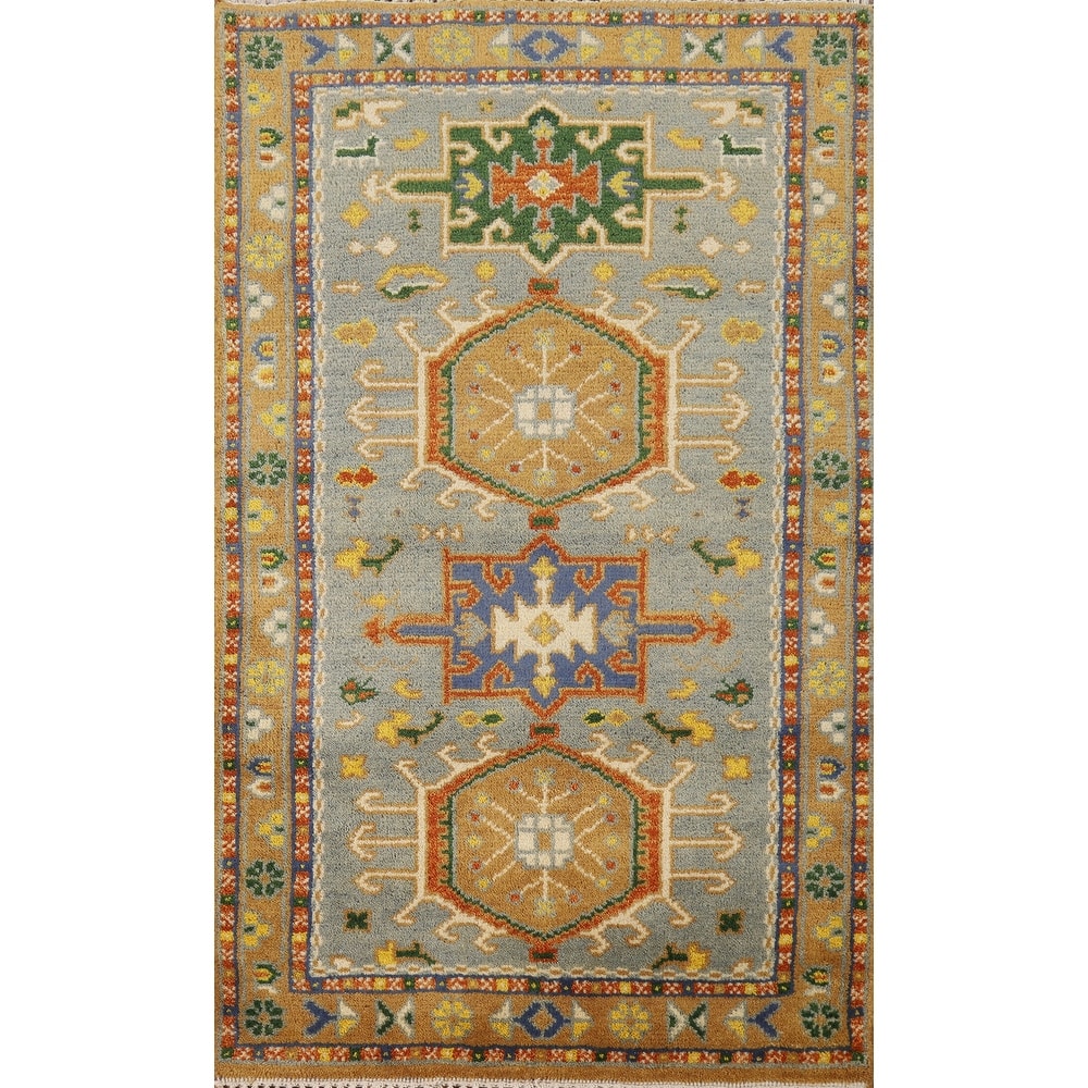 Hand Knotted Oriental 100% Wool Carpet Transitional Geometric Greys & Charcoal Khotan Area Rug - 4' 11'' X 3' 0''