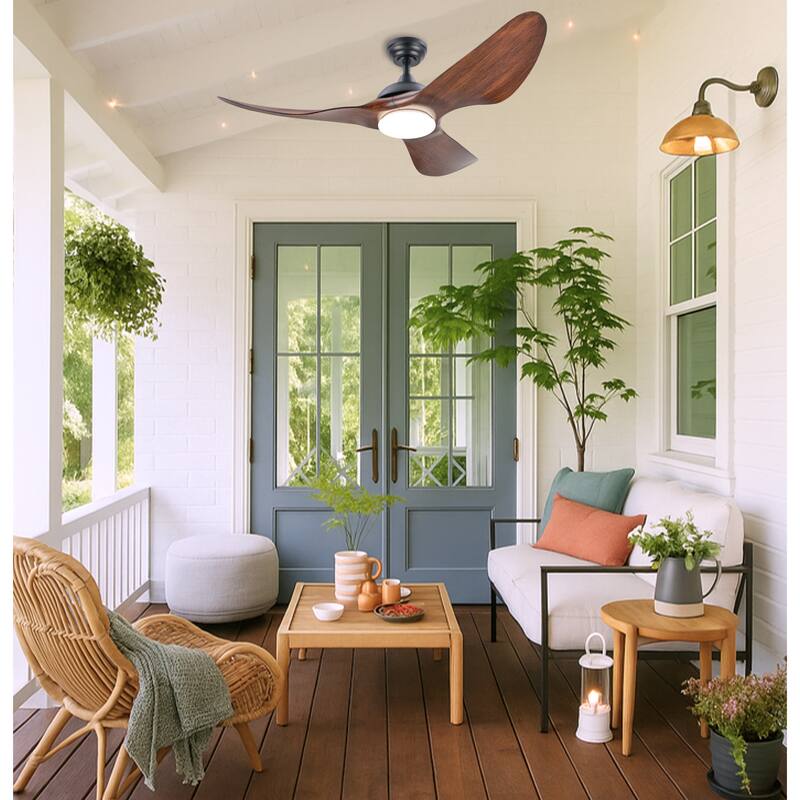CO-Z 52" Outdoor Wet-Rated Waterproof LED Ceiling Fan with Dimmable Light and Remote Control - Walnut