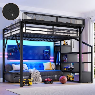 Queen Size Loft Bed with Storage Staircase & Open Wardrobe, Metal Kids Teens Bed Frame with Charging Station & LED Light
