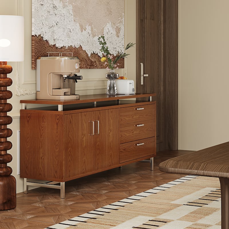 59'' Sideboard Buffet Cabinet With Metal Legs, 3 Wood Drawers And 2-Door Storage Cabinet