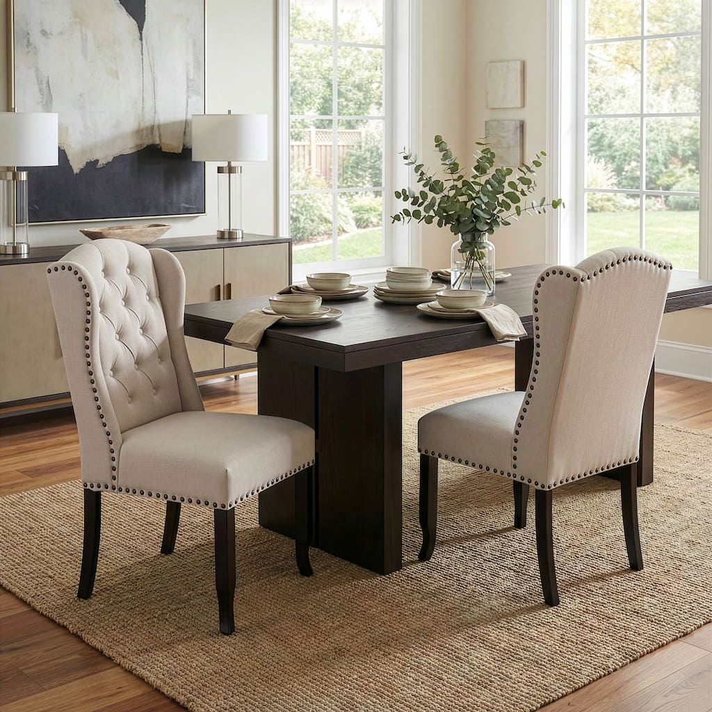 Set of 2 Alen Beige Fabric Dining Chair Wing Chair with Tufted Buttons