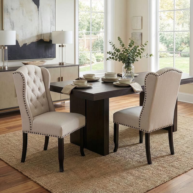 Set of 2 Alen Beige Fabric Dining Chair Wing Chair with Tufted Buttons