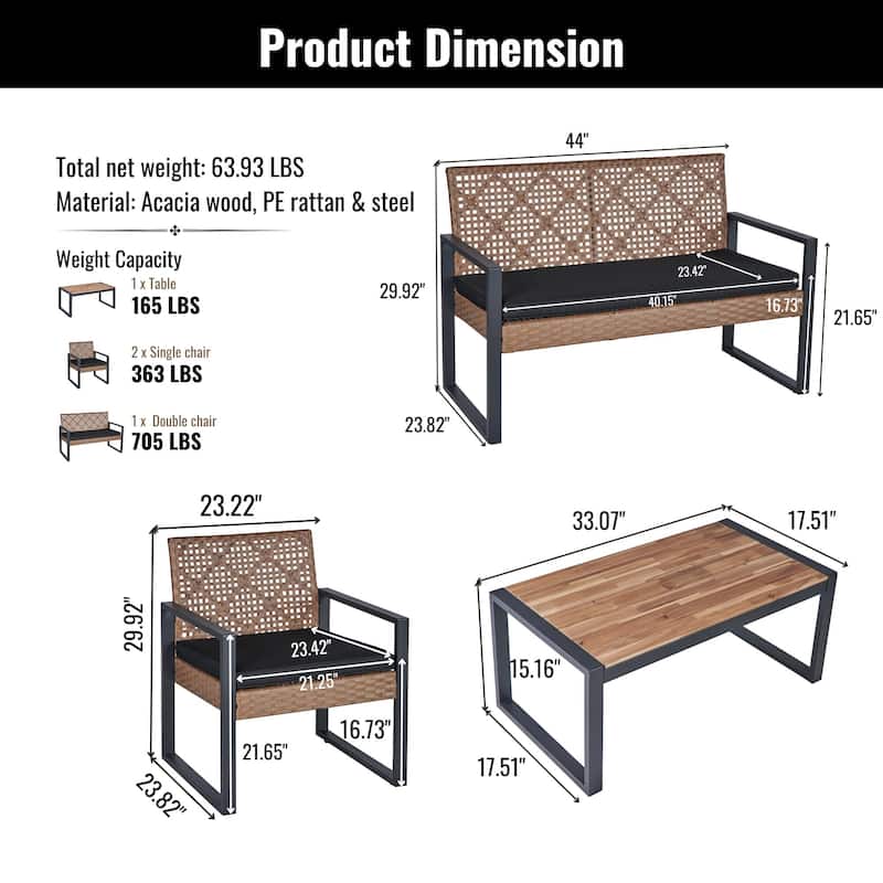 GDFStudio - Outdoor 4-Piece Acacia Wood and PE Rattan Patio Furniture Set with Cushions