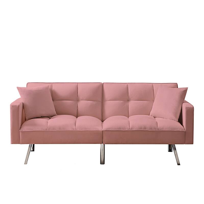 Velvet Futon Sofa Bed with Two Pillows, Convertible Sleeper Sofa Couch with 3 Angle Adjustable Backrest, Modern Loveseat