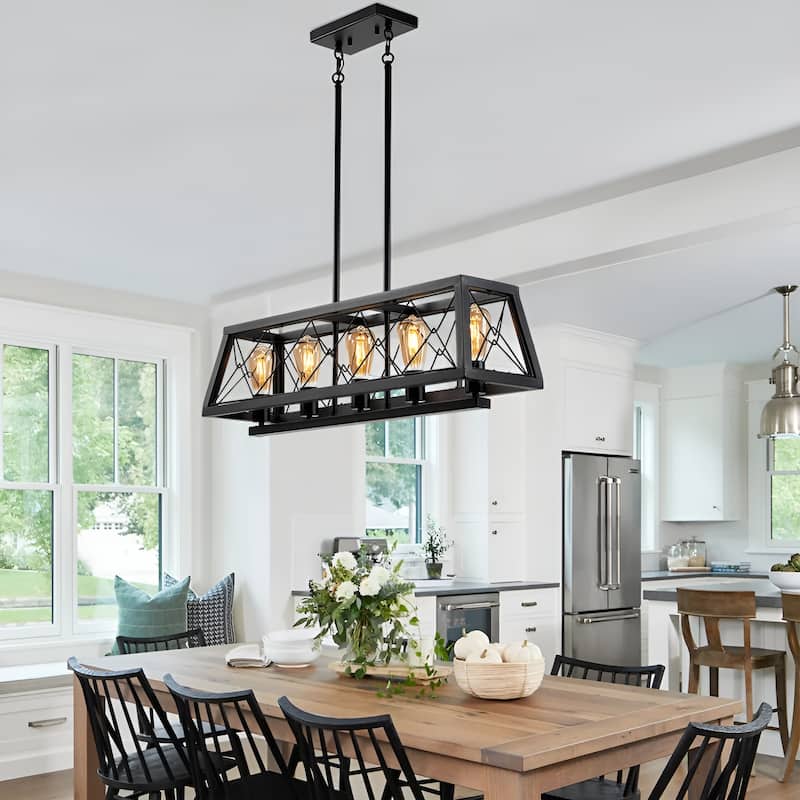Black Wood Farmhouse Rectangle Linear Island Chandelier - Black