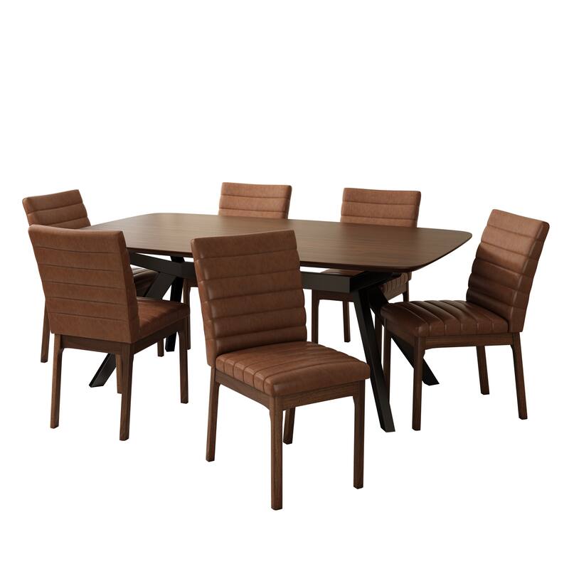 Roomfitters Dining Set Mid-Century Modern Solid Rubberwood Table PU Leather Chairs, Cognac Walnut Black - 7-Piece