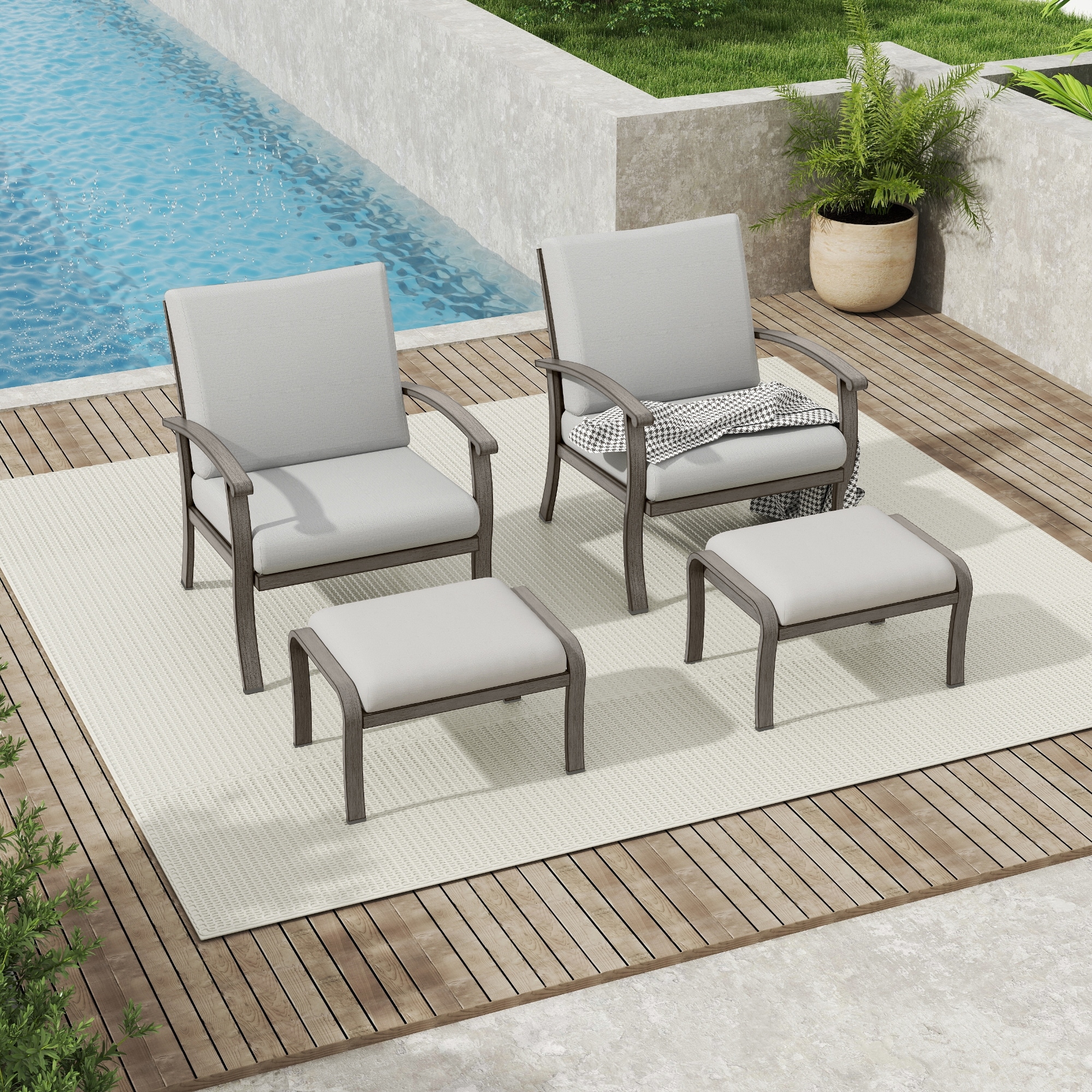 AluLux 2-Piece Aluminum Outdoor Patio Lounge Chair with Light Gray Cushions and Ottomans