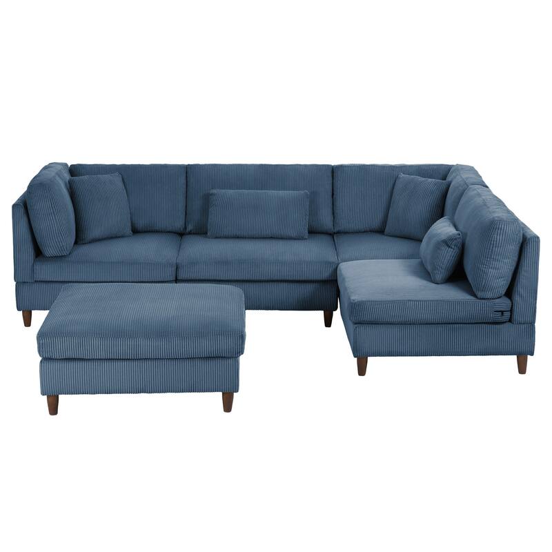 Corduroy Modular Sectional Sofa Set With Ottoman - 5 Pieces/Navy - Symmetrical