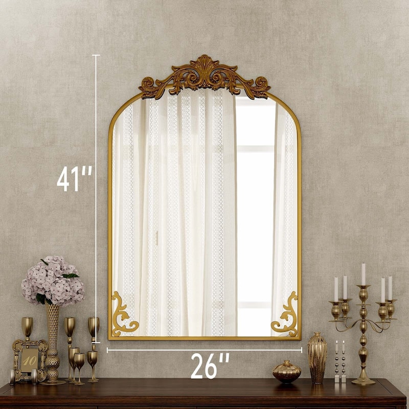 Arched Baroque Bathroom Mirror with Bottom Floral Decor - Bronze - 26x41