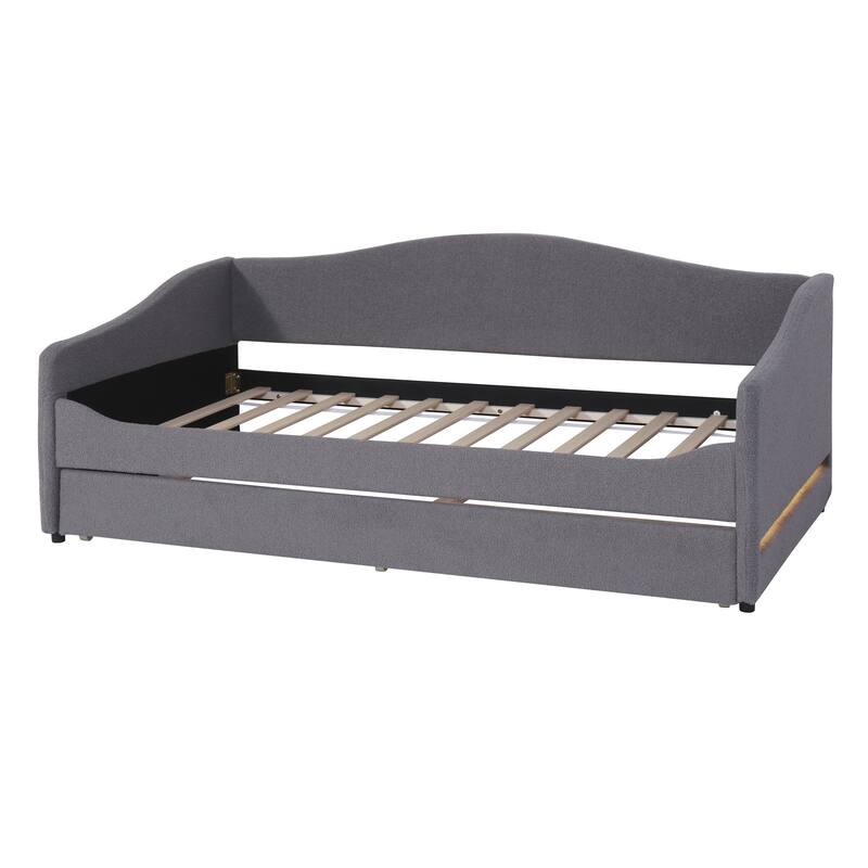 HomeRoots Gray Tufted Boucle Twin Day Bed With LED Lighting And Trundle And USB