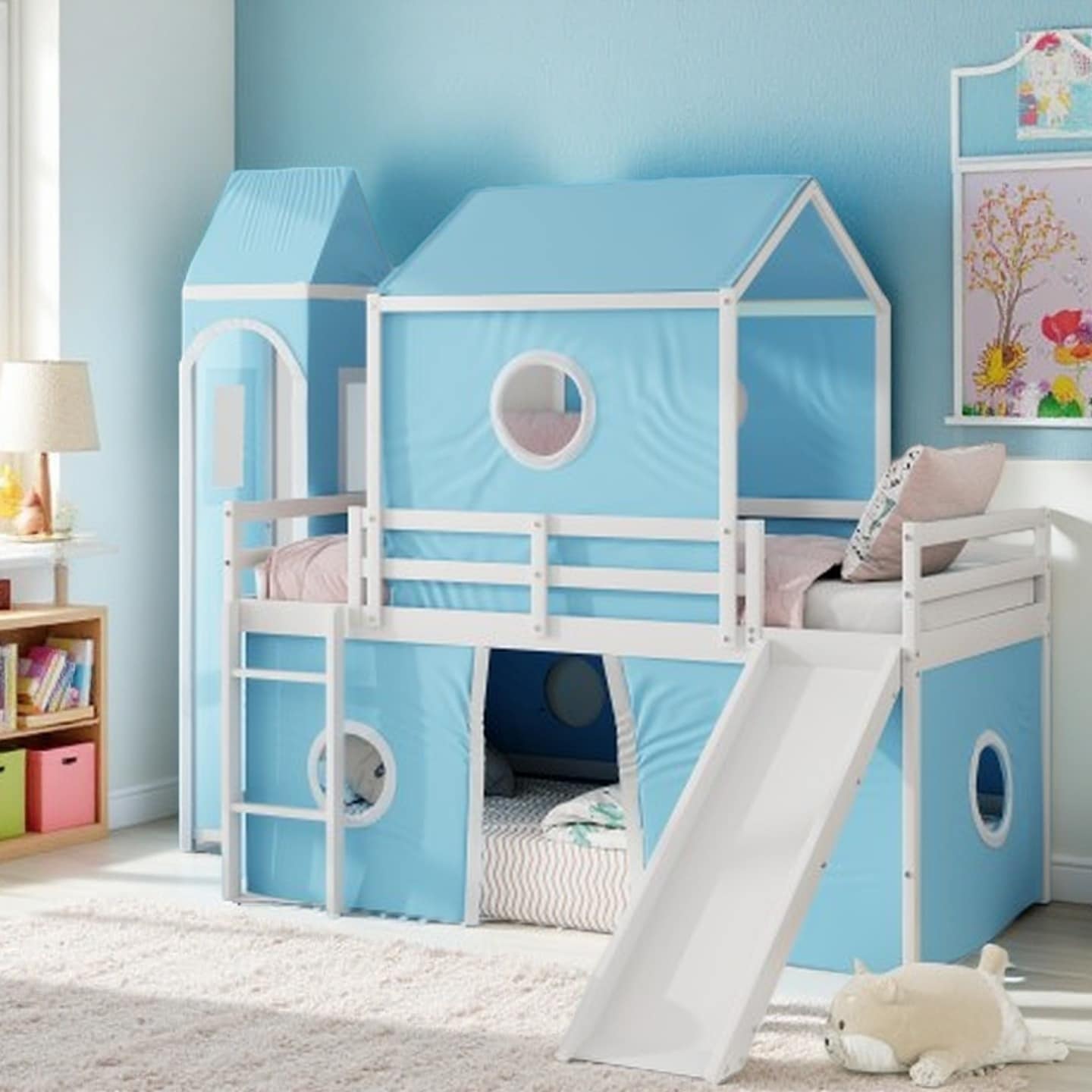 Twin Loft Bed with Slide, Castle Tower, and Play Tent, Solid Wood Frame with Pink and Blue Finish, Space-Saving Kids Bed