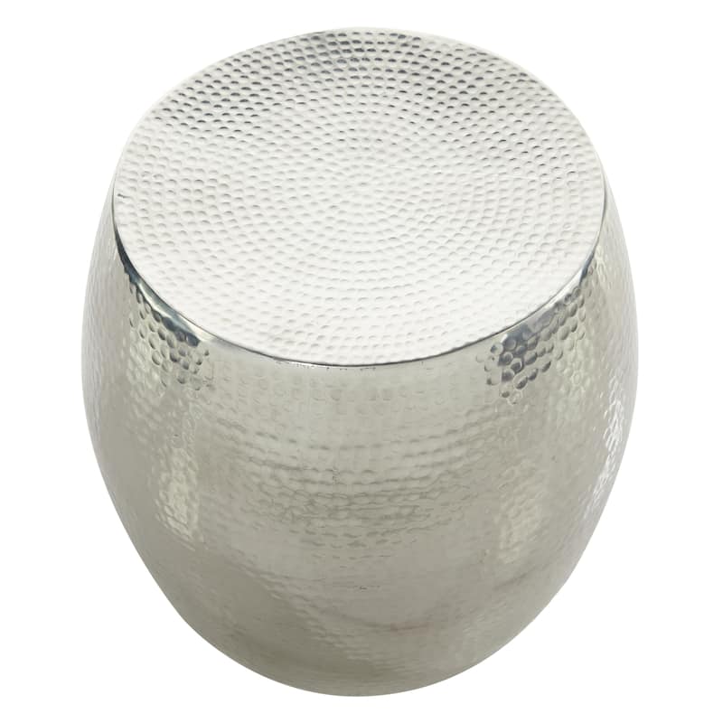 Silver Aluminum Metal Drum Shaped Accent Table with Hammered Design