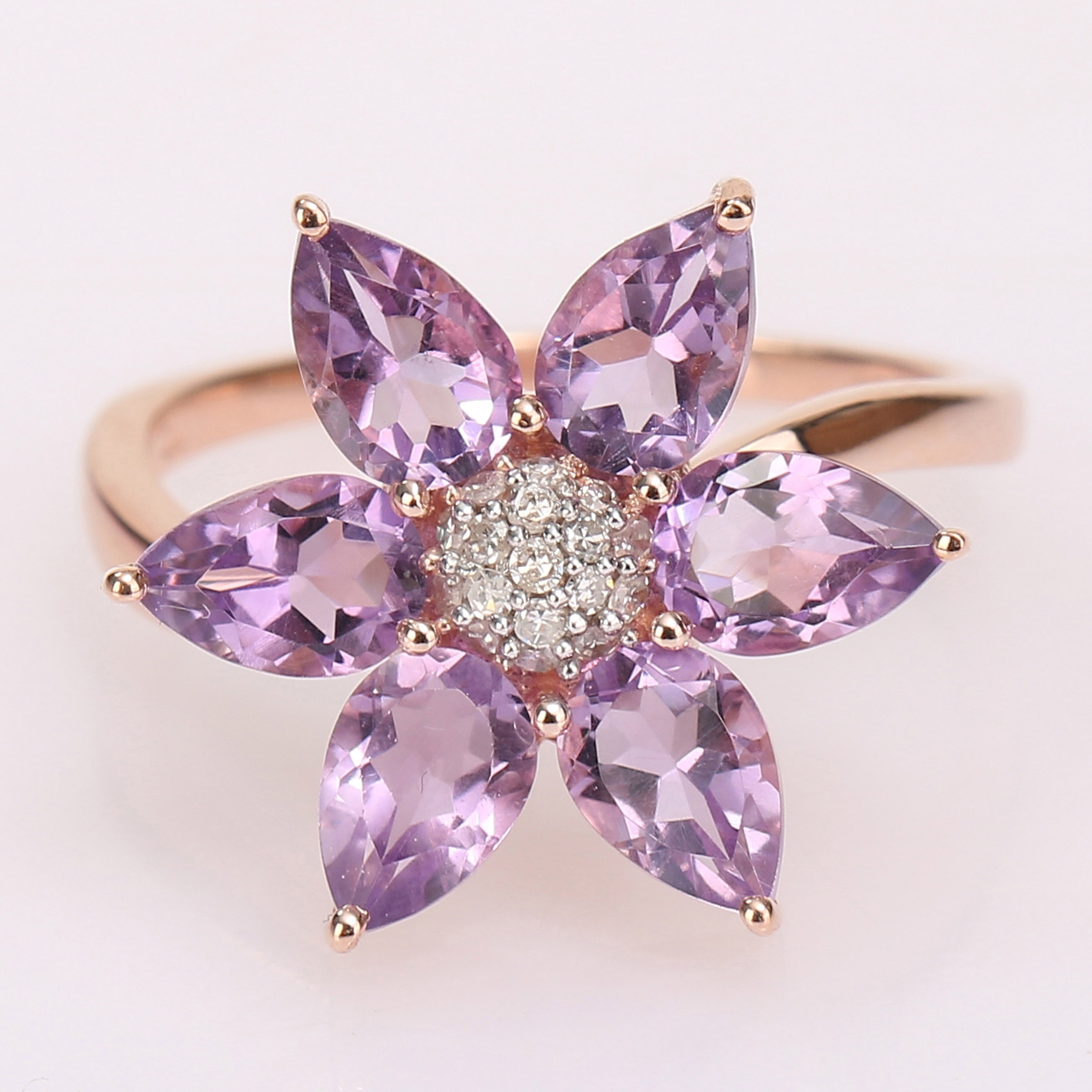 Details about  / Authentic Natural Round Amethyst Flower Ring Women Jewelry Gift Rose Gold Plated