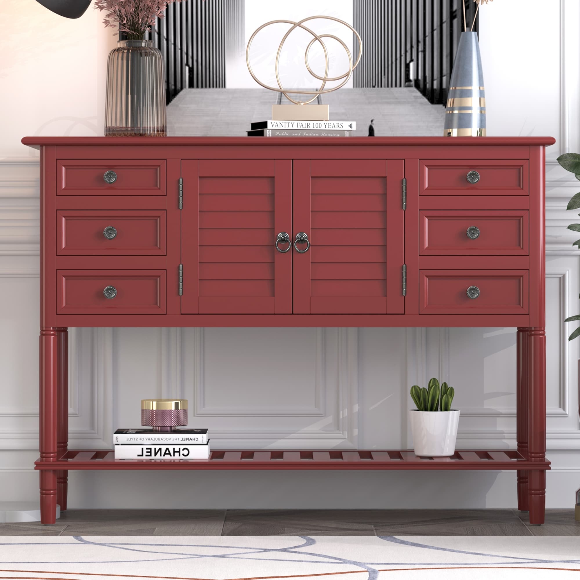 48'' Modern Console Table Sofa Table For Living Room With 6 Drawers, 1 Cabinets And 1 Shelf,coffee, Sofa & End Tables