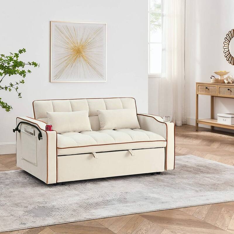 55.51'' Modern Versatile Foldable Sofa Bed With Adjustable Back and USB Port and Ashtray and Swivel Phone Stand