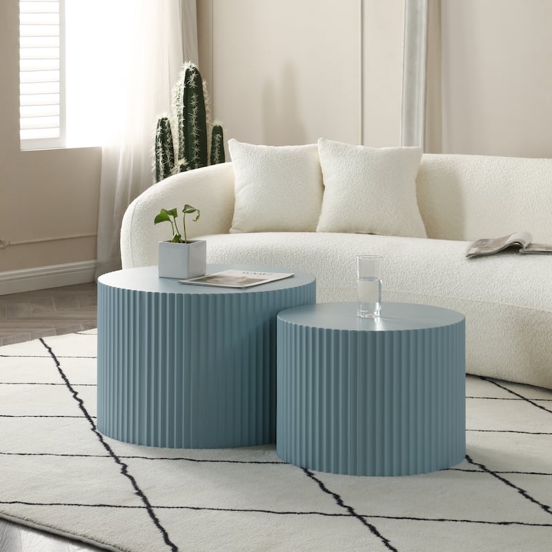 Modern Farmhouse Round Accent Nesting Side Coffee Table Set (Set of 2) - Matte Sky Blue