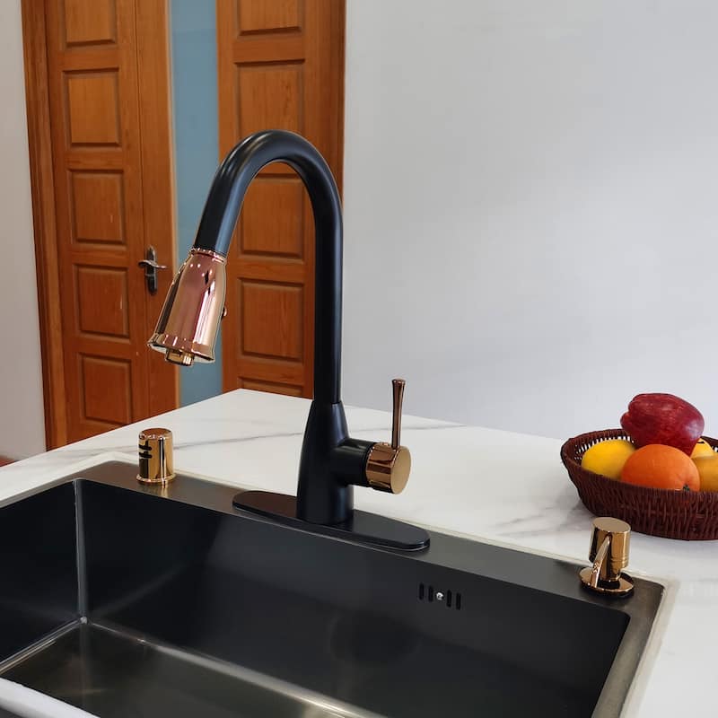 One-Handle Matte Black and Rose Gold Pull Down Kitchen Faucet with Deck Plate - 5 Years Warranty - 16x8.2