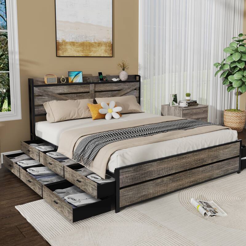 Oak Platform Bed Metal Bed Frame with 12 Storage Drawers, Headboard Charging Station, Noise-Free Metal Frame, Easy Assembly