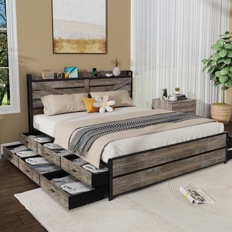 Retro Storage Bed with 12 Storage Drawers and Panel Headboard Built-in Charging Station, Metal Slats Support Platform Bed Frame - Oak - King