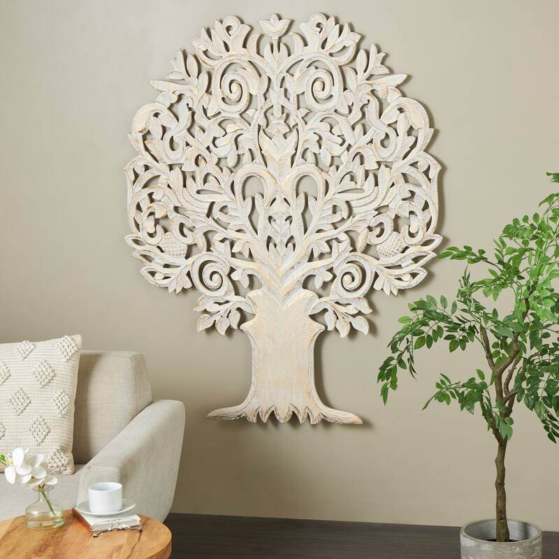 Gold Wooden Handmade Carved Tree Home Wall Decor with Scroll Details - Gold