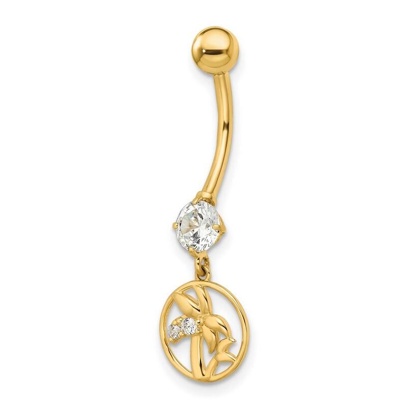 Curata 14k Yellow Gold 14g CZ Dangle Palm Trees Belly Button Navel Ring Piercing