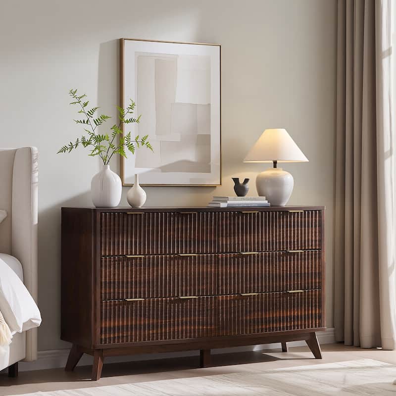 Modern Fluted 6 Drawers Dresser, Chest of Drawers, Dresser TV Stand - Dark Walnut