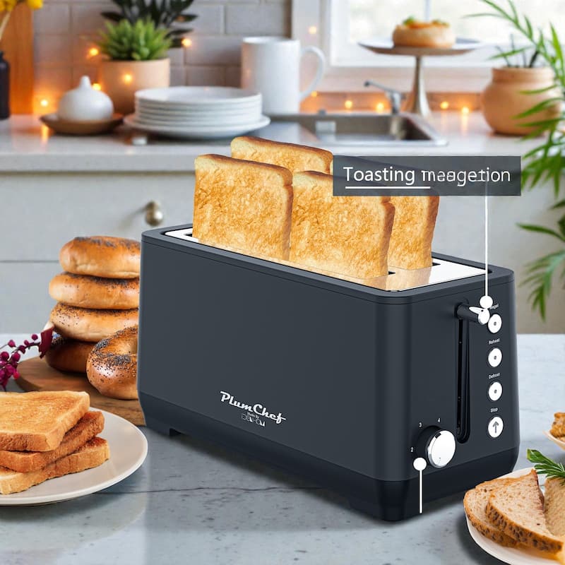 4 Slice Extra Wide Long Slot Toaster with Warming Rack, Stainless Steel 1500W, Bagel Defrost Reheat