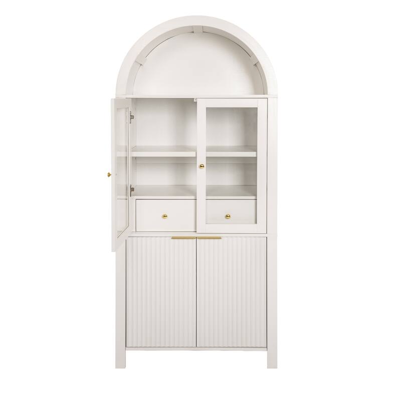 Roomfitters 71" Tall Arched Pantry Cabinet with Fluted Glass Doors & Hidden Drawer, 4-Door Display Cupboard