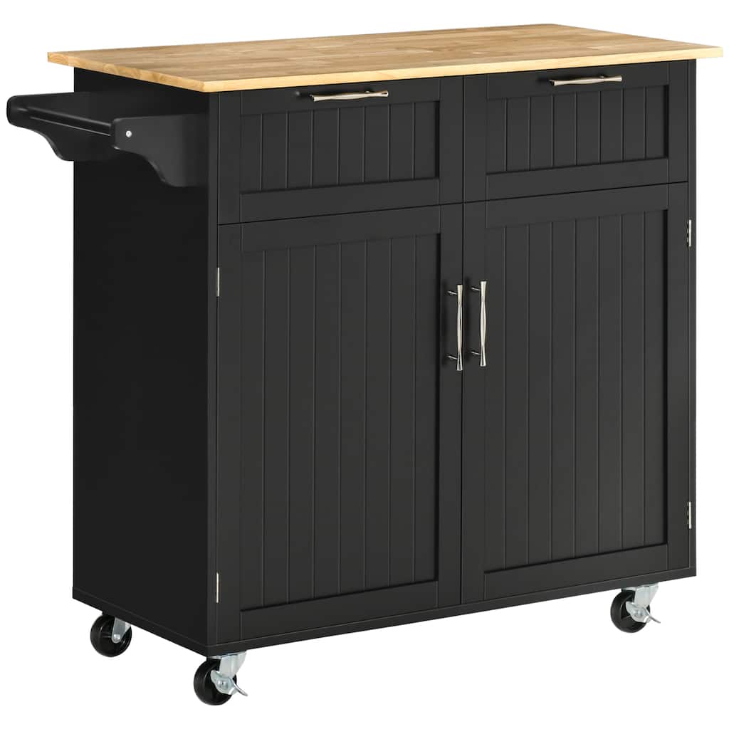 41" Modern Rolling Kitchen Island on Wheels, Utility Cart Storage Trolley with Rubberwood Top & Drawers