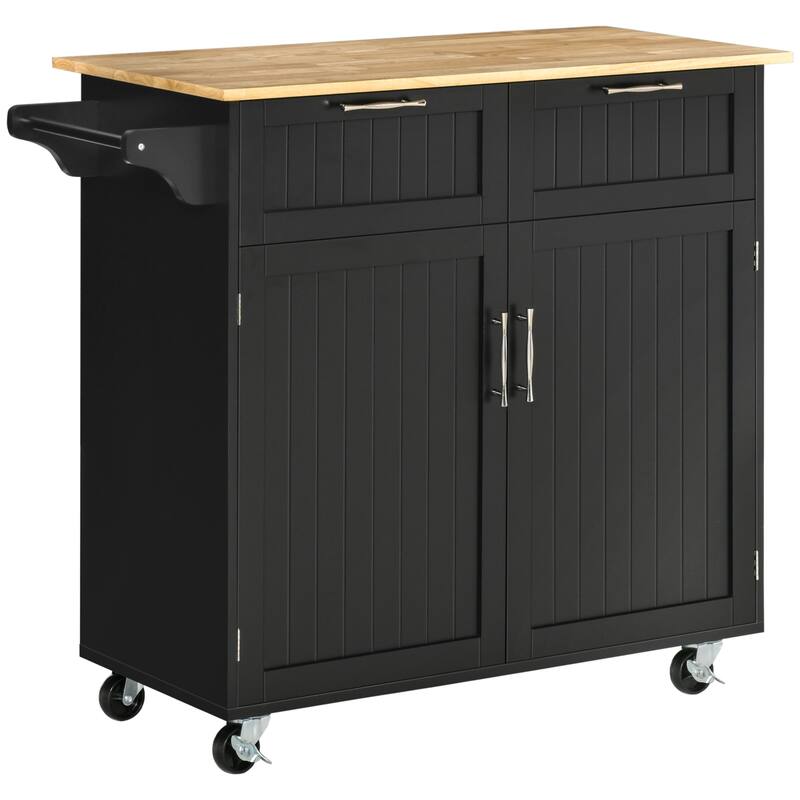 Kitchen Island with Rubber Wood Top, Rolling Cart on Locking Wheels, Mobile Island Table with 2 Drawers & Adjustable Shelves - Black
