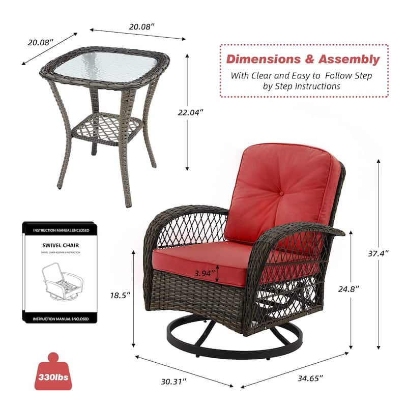 EROMMY Outdoor 3 Pieces Swivel Rocker Patio Chair Sets with Glass Table, All-Weather Wicker & Thickened Cushions for Backyard