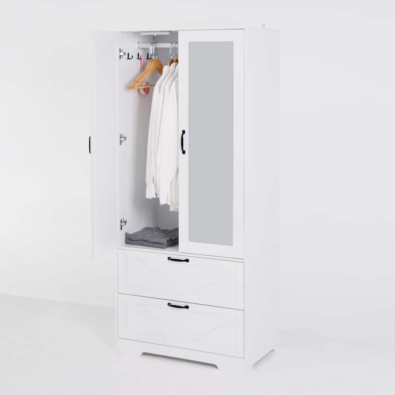 2 Door Wood Wardrobe with Hanging Clothing Rod inside the Cabinet and 2 Drawers, Multifunctional Closet with Mirror