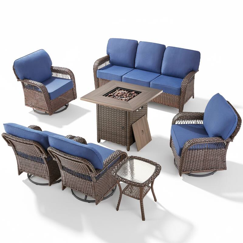 Pocassy Outdoor Sofa Ottoman Swivel Chair Table with Fire Table Funiture Set.